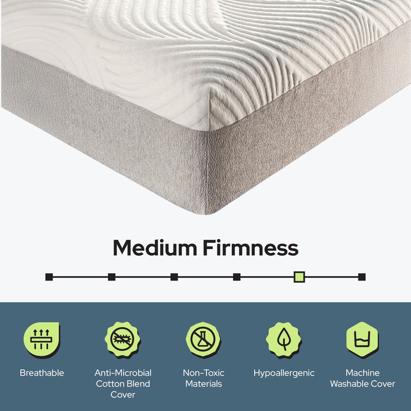 Medium firmness mattress with breathable, anti-microbial cotton blend cover, non-toxic materials, hypoallergenic, and machine washable feature.