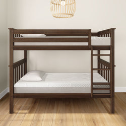 Wooden bunk bed with mattresses and minimalist design in a modern bedroom.