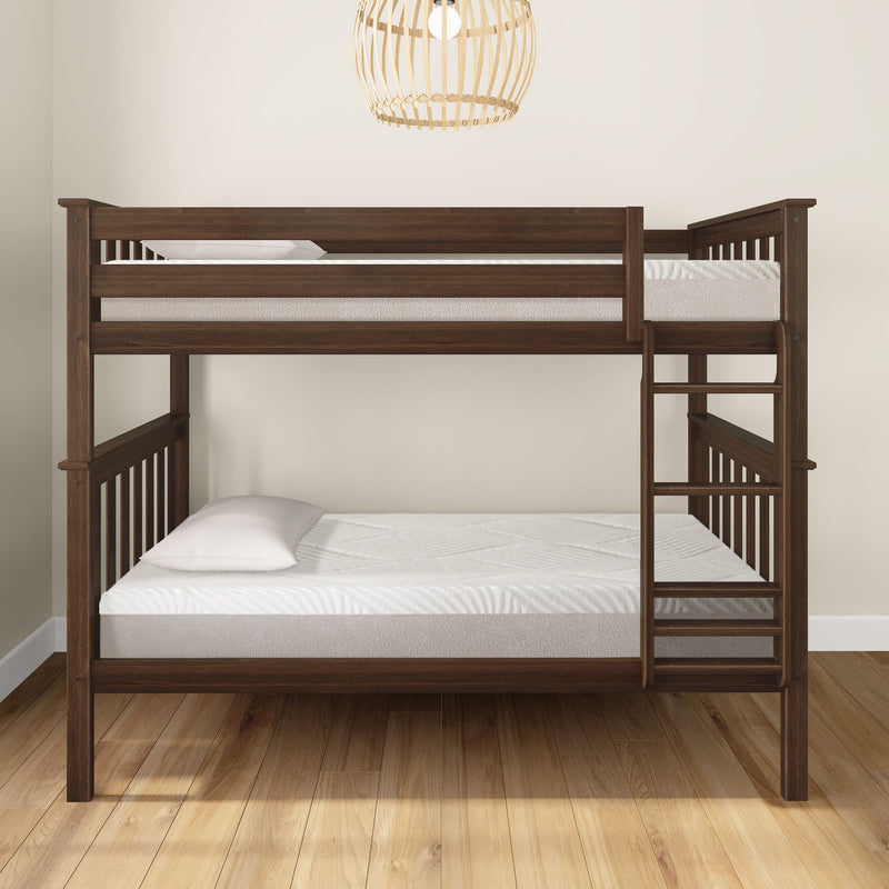 Wooden bunk bed with mattresses and minimalist design in a modern bedroom.