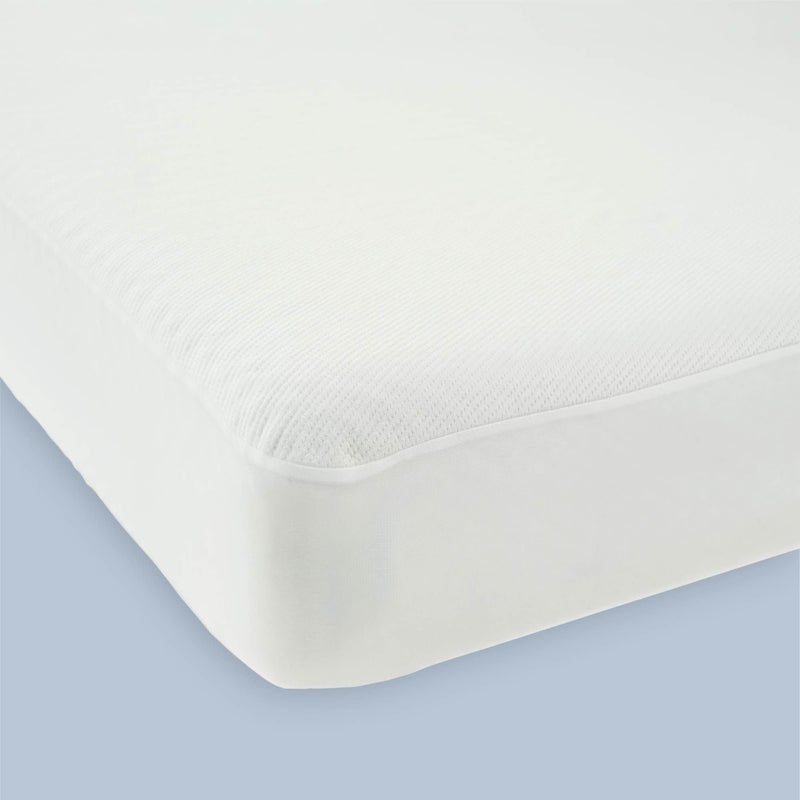 Premium white mattress protector on blue background, offering waterproof and hypoallergenic protection.