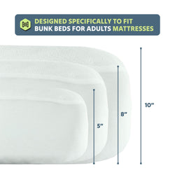 Three sizes of mattresses designed for adult bunk beds, available in 5-inch, 8-inch, and 10-inch heights.