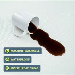 White coffee mug spills dark liquid on waterproof, machine-washable, moisture-wicking textile surface.