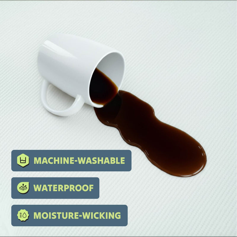 White coffee mug spills dark liquid on waterproof, machine-washable, moisture-wicking textile surface.