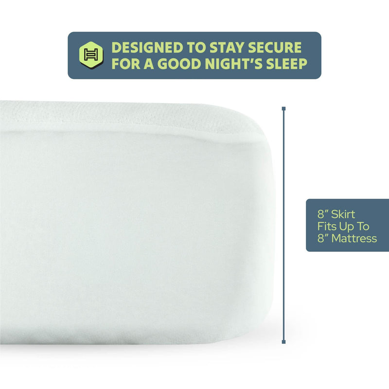 Mattress protector with secure fit and 8-inch skirt for optimal comfort and restful sleep.