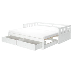 White wooden daybed with two large under-bed storage drawers, slatted backrest and frame, and full-size mattress in minimalist Scandinavian style