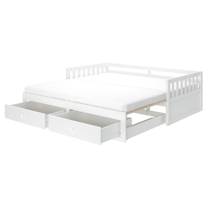 White wooden daybed with two large under-bed storage drawers, slatted backrest and frame, and full-size mattress in minimalist Scandinavian style