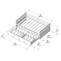 Isometric diagram of a wooden slatted daybed frame with pull-out storage drawer and slatted mattress platform, annotated with dimensions in inches and centimeters for assembly and product listing.