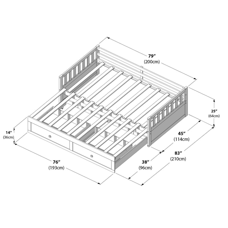 Isometric diagram of a wooden slatted daybed frame with pull-out storage drawer and slatted mattress platform, annotated with dimensions in inches and centimeters for assembly and product listing.