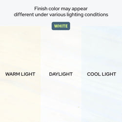 White finish color comparison under various lighting conditions: warm light, daylight, and cool light — color may vary