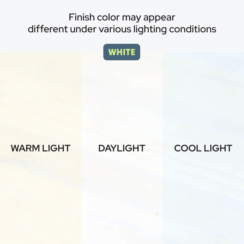 White finish color comparison under various lighting conditions: warm light, daylight, and cool light — color may vary