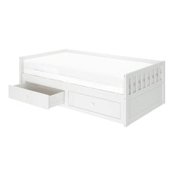 White wooden daybed with slatted back, white mattress and pull-out under-bed storage drawers (one open) — space-saving twin storage bed for small bedrooms