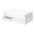 White wooden daybed with slatted back, white mattress and pull-out under-bed storage drawers (one open) — space-saving twin storage bed for small bedrooms