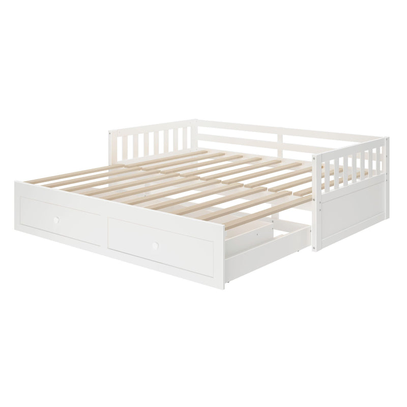 White wooden daybed with slatted platform, two under-bed storage drawers and side rails — modern guest-room or kids bedroom sofa bed