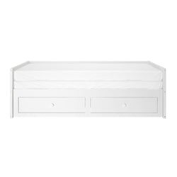 White wooden daybed with two under-bed storage drawers and white mattress — modern twin bed for kids' or guest bedroom