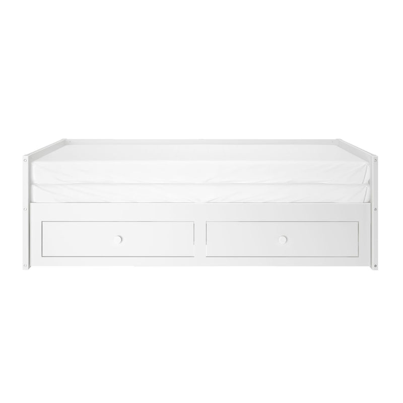 White wooden daybed with two under-bed storage drawers and white mattress — modern twin bed for kids' or guest bedroom