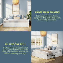 White convertible daybed that flips from twin to king with pull-out trundle and built-in storage drawers in a light-blue guest bedroom