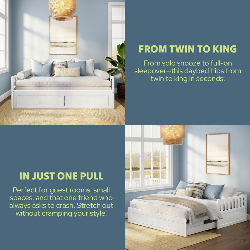 White convertible daybed that flips from twin to king with pull-out trundle and built-in storage drawers in a light-blue guest bedroom