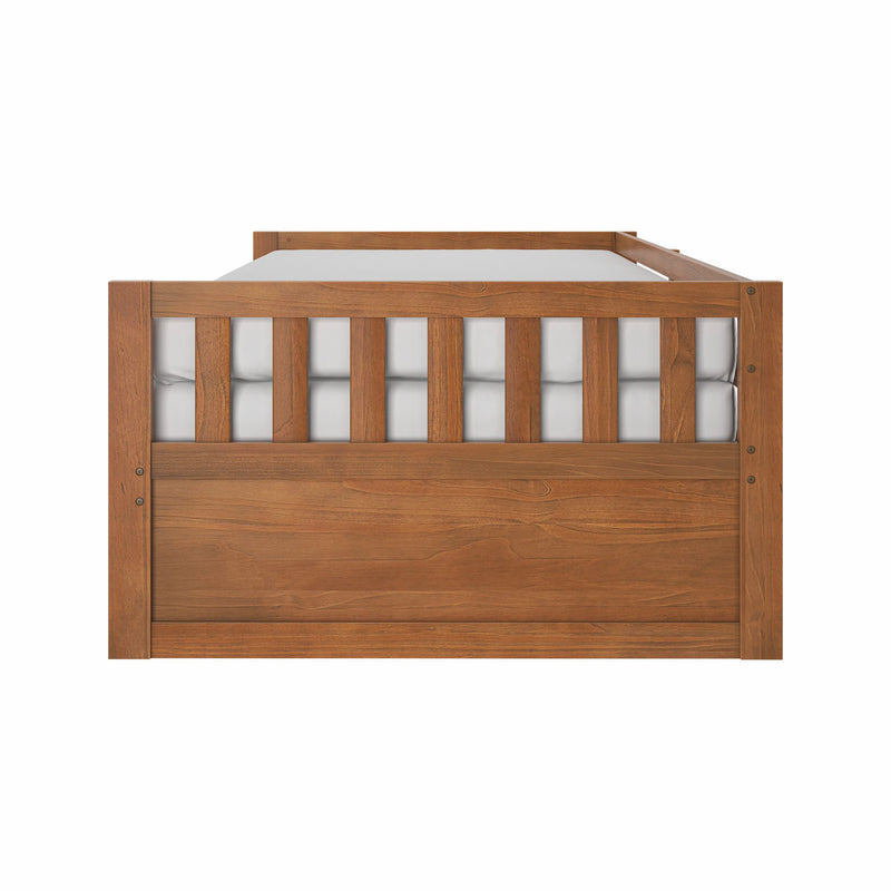 Solid wood slatted bed frame headboard and footboard with mattress, natural wood finish, farmhouse-style design