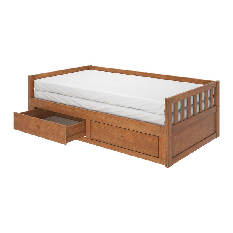 Twin wooden storage bed with white mattress and two under-bed drawers in warm brown finish, slatted daybed for small bedrooms