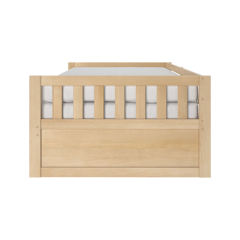 Light oak wooden toddler bed frame with slatted rails and white mattress, modern nursery furniture