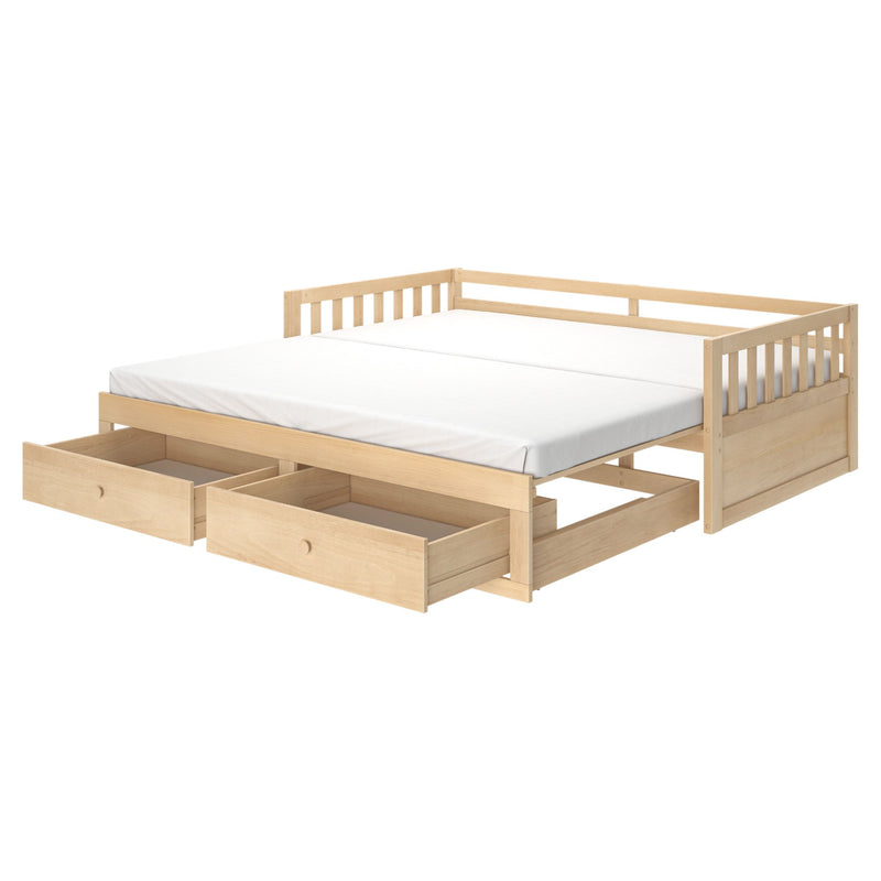 Natural wood slatted daybed with white mattress and built-in underbed storage drawers, space-saving bedroom furniture