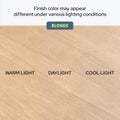 Blonde hardwood floor sample lighting comparison showing finish color variations under warm light, daylight, and cool light