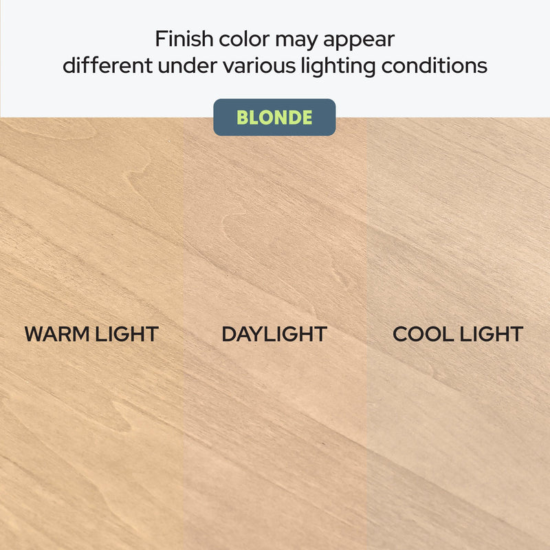Blonde hardwood floor sample lighting comparison showing finish color variations under warm light, daylight, and cool light