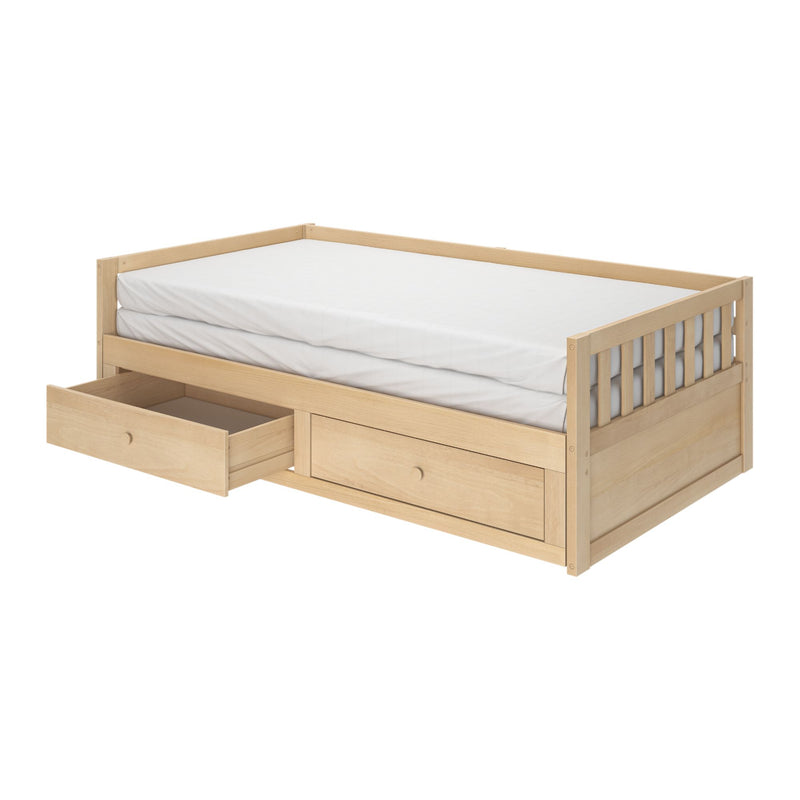 Light natural wood twin daybed with slatted guardrail and built-in underbed storage drawers and white fitted mattress
