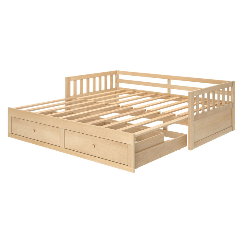 Light wood platform bed frame with slatted mattress base and built-in storage drawers, natural finish bedroom furniture