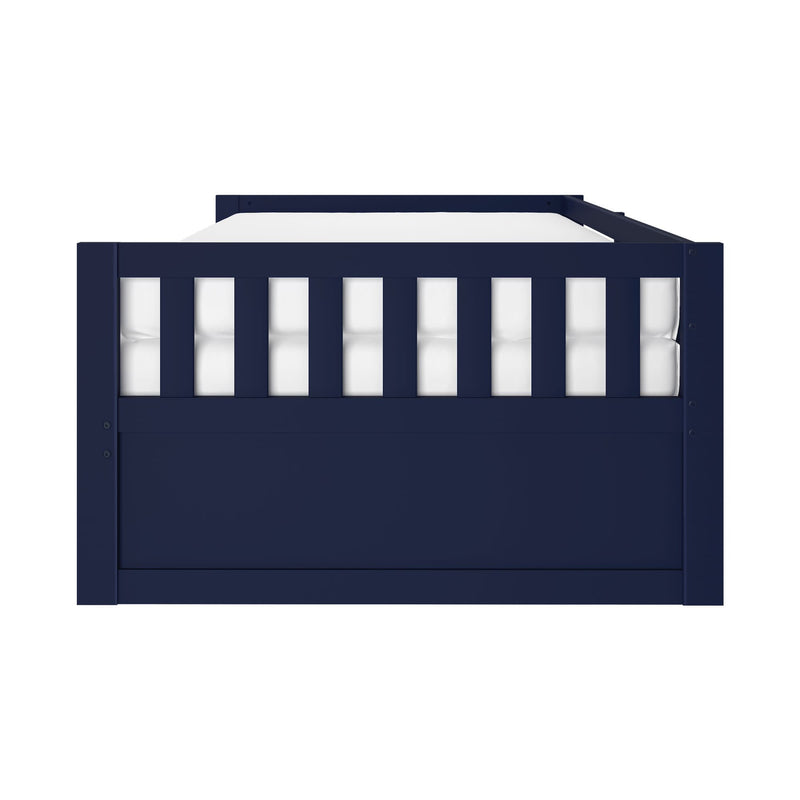 Front view navy blue wooden daybed frame with slatted front panel and white mattress, modern bedroom furniture