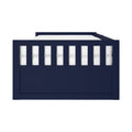 Front view navy blue wooden daybed frame with slatted front panel and white mattress, modern bedroom furniture
