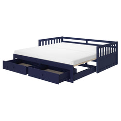 Navy blue wooden daybed with white mattress and two pull-out under-bed storage drawers, modern space-saving guest bed
