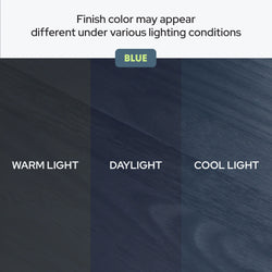 Blue wood finish lighting comparison showing warm light, daylight, and cool light variations with visible wood grain and a note that finish color may appear different under various lighting conditions.
