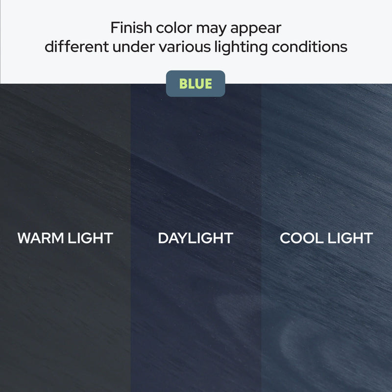 Blue wood finish lighting comparison showing warm light, daylight, and cool light variations with visible wood grain and a note that finish color may appear different under various lighting conditions.