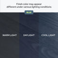 Blue wood finish lighting comparison showing warm light, daylight, and cool light variations with visible wood grain and a note that finish color may appear different under various lighting conditions.