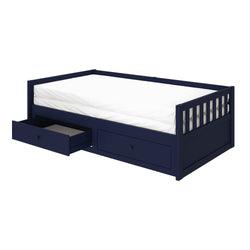 Navy blue twin daybed with white mattress and under-bed storage drawers, slatted back, modern space-saving bedroom furniture