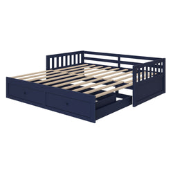 Navy blue wooden daybed frame with slatted mattress platform, two built-in pull-out storage drawers and slatted side/back rails — modern storage daybed for bedroom