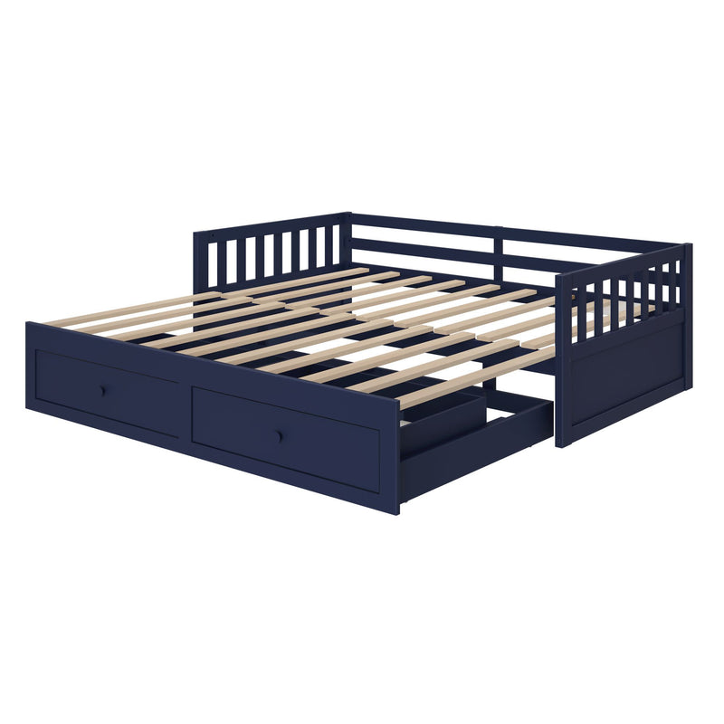 Navy blue wooden daybed frame with slatted mattress platform, two built-in pull-out storage drawers and slatted side/back rails — modern storage daybed for bedroom