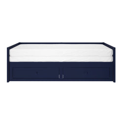 Navy blue wooden daybed with white mattress and two built-in under-bed storage drawers, modern minimalist storage bed for bedroom