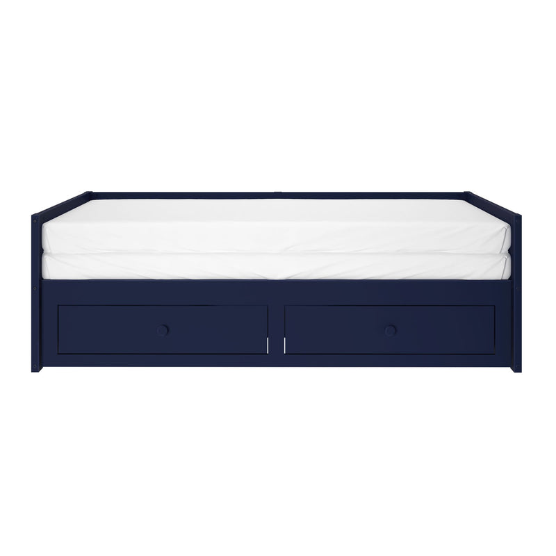 Navy blue wooden daybed with white mattress and two built-in under-bed storage drawers, modern minimalist storage bed for bedroom
