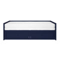 Navy blue wooden daybed with white mattress and two built-in under-bed storage drawers, modern minimalist storage bed for bedroom