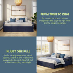 Convertible navy daybed with pull-out trundle and storage drawers, converts from twin to king mattress in a modern guest room with blue pillows and pendant light