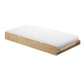 Minimalist light maple wood platform bed frame with white twin mattress — modern low-profile wooden bed base for small bedrooms
