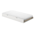 White twin trundle bed frame with pull-out slatted base and mattress, space-saving guest bed with underbed storage