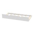 White trundle bed frame with wooden slats and metal runners for under-bed pull-out guest bed or storage
