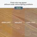 Pecan wood finish sample showing color variations under warm light, daylight, and cool light for flooring and stain comparison