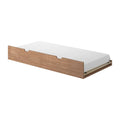 Twin low-profile platform bed frame with white mattress, natural oak finish, modern minimalist wooden single/twin bed base