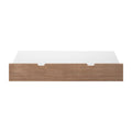 Modern oak platform bed front panel with two notch finger pulls and white mattress platform — storage drawer front for minimalist bedroom furniture