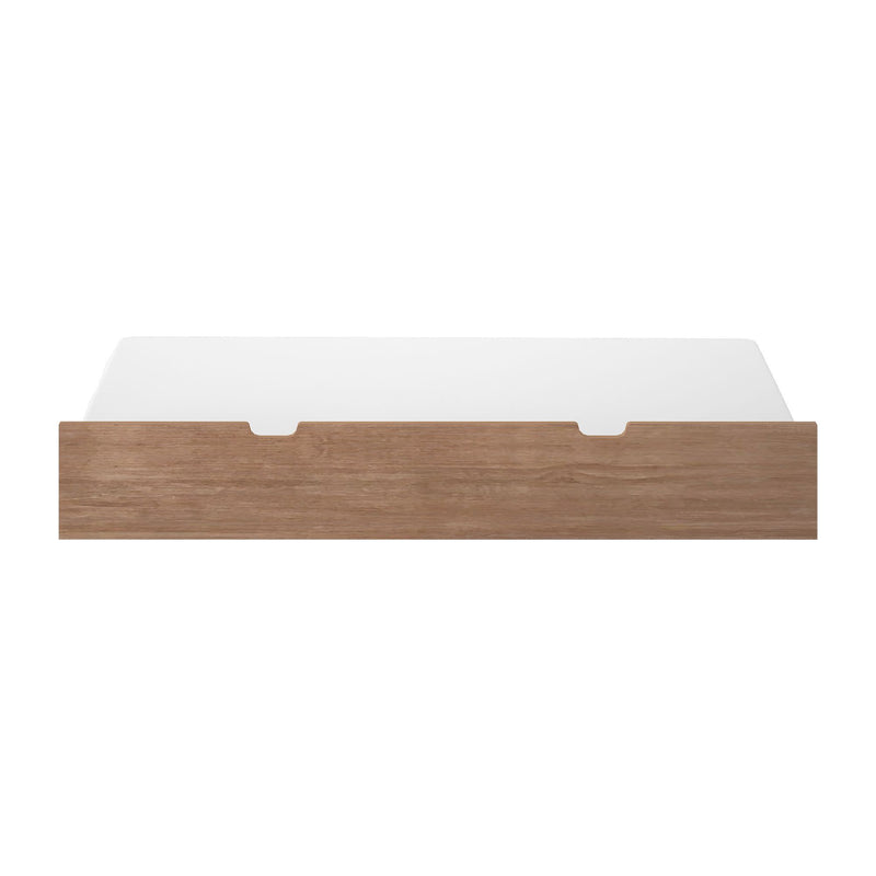 Modern oak platform bed front panel with two notch finger pulls and white mattress platform — storage drawer front for minimalist bedroom furniture