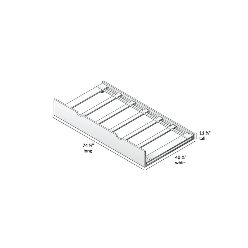 Twin trundle bed frame with slatted base and solid front panel — under-bed trundle drawer for twin-size mattress, dimensions 74 1/2" long x 40 3/4" wide x 11 3/4" tall (line drawing)
